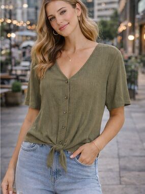 75. Anthro, Sanctuary • NWT V-Neck Button Front Tie Hem Top PTP 26”-32”